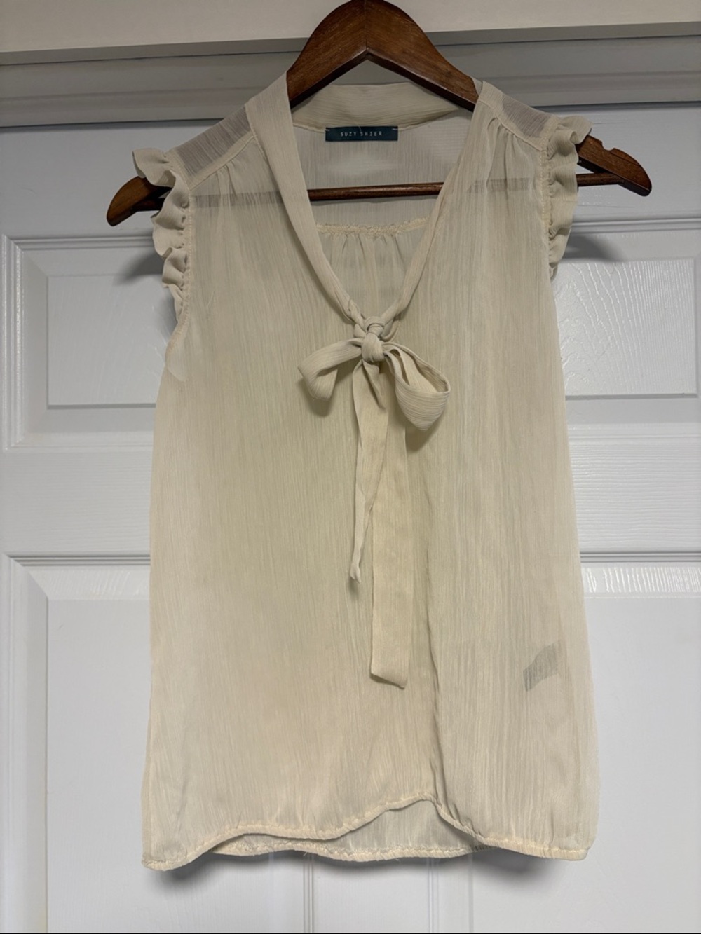 Suzy Shier Ivory Tie-Neck Ruffle Cap Sleeve Camisole